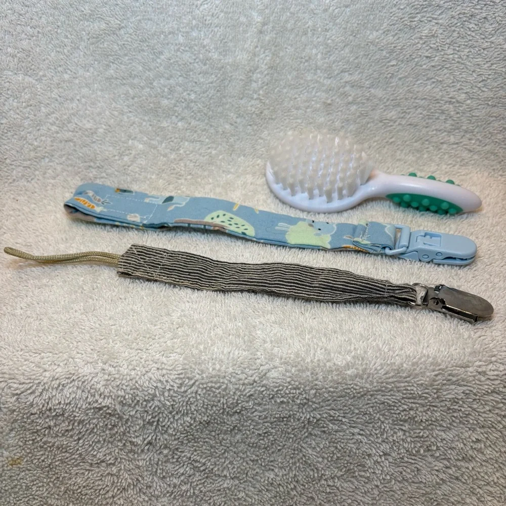 Bundle of Baby Accessories Toothbrush, Hairbrush, Pacifier Holder, Med Dispenser